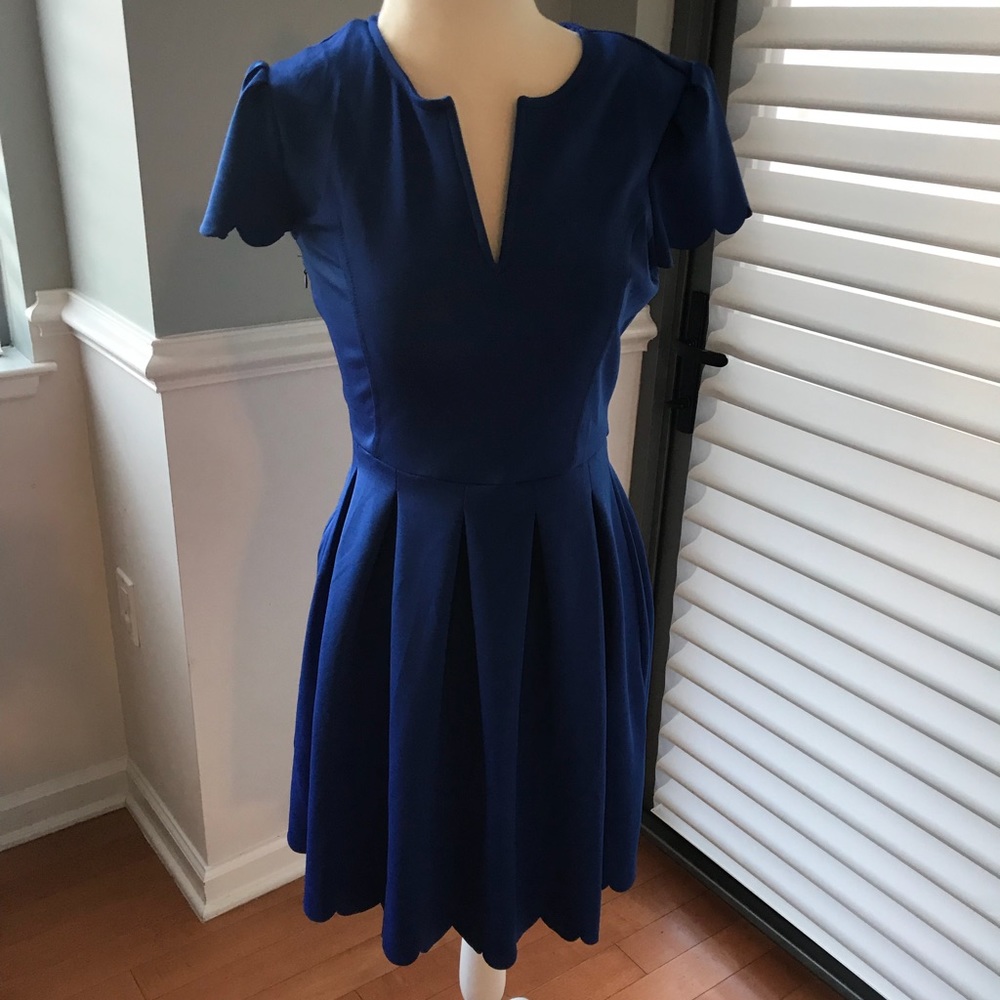 Blue Pleated Dress with Cap Sleeves